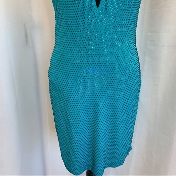 Bebe blue turquoise crystal rhinestone halter deep v neck dress Sz M - Picture 6 of 15